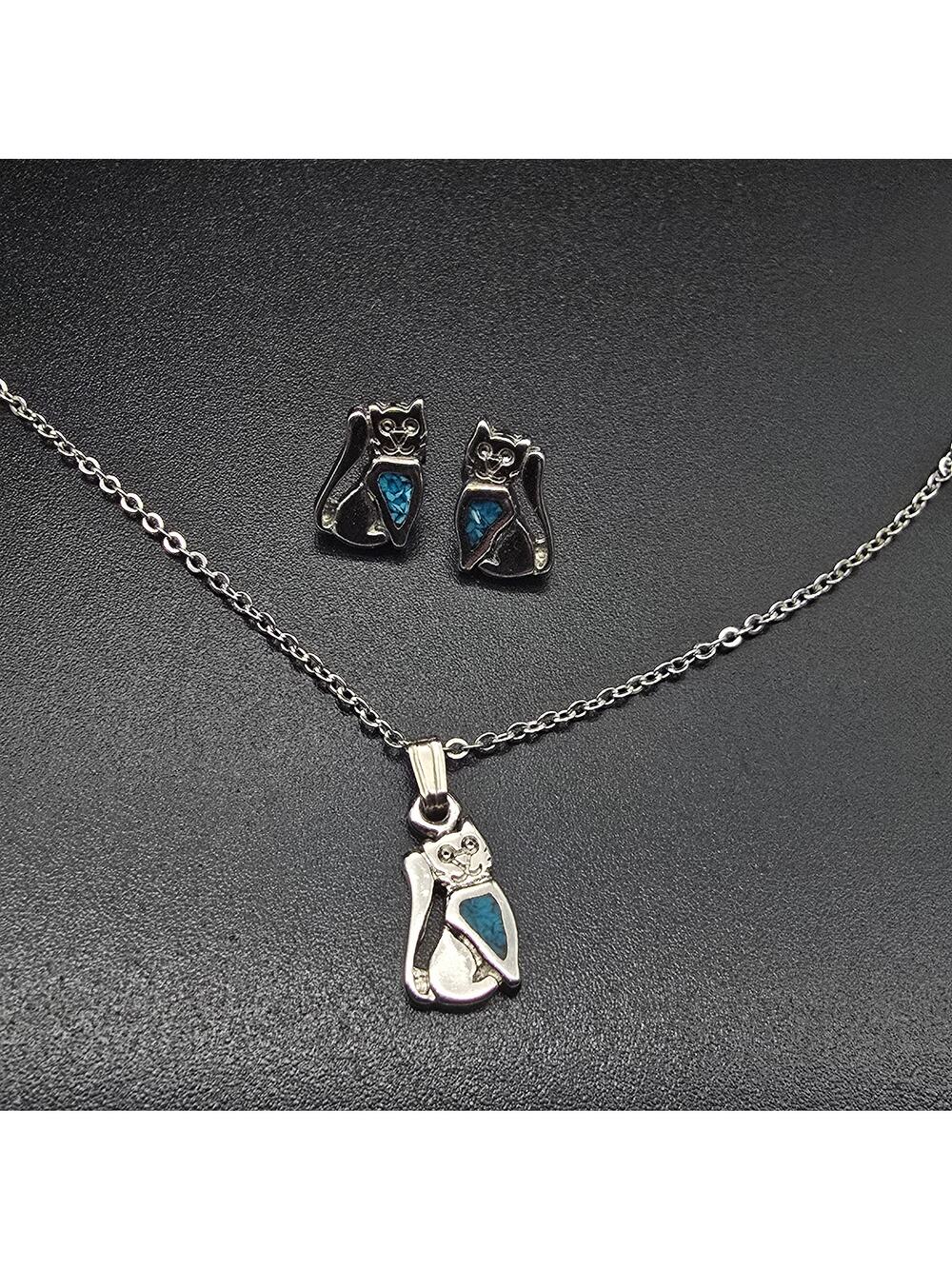 Petite Cat Necklace Earrings Set with Crushed Turquoised Inaly